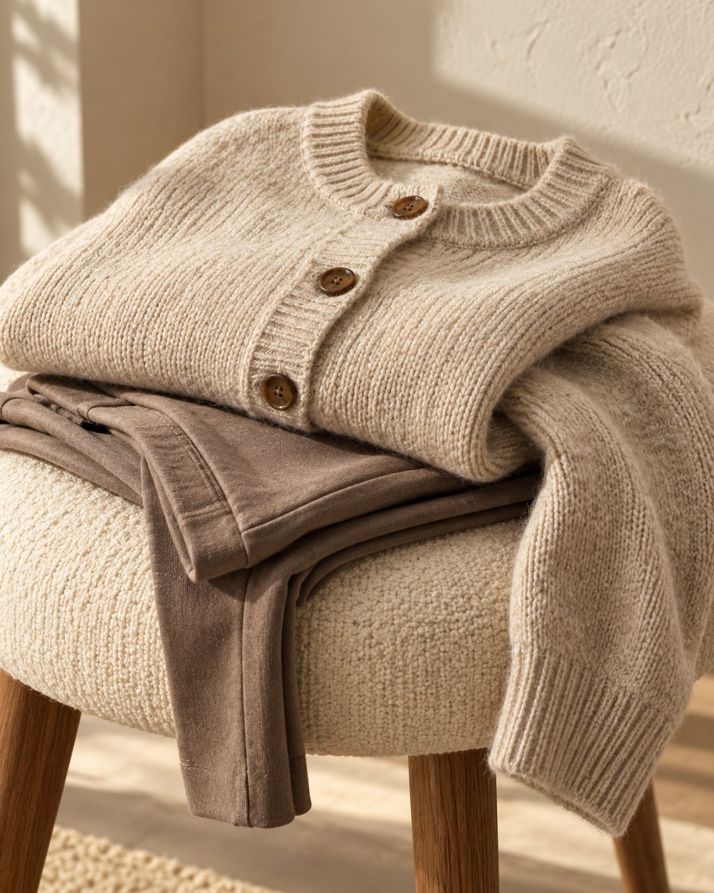 Illustrative oatmeal knit cardigan with taupe lounge trousers