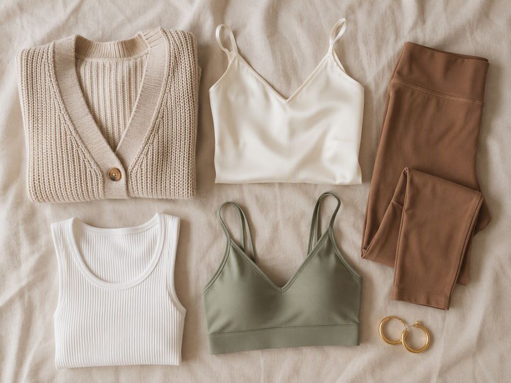 A considered mix of knitwear, camis, and activewear arranged on linen
